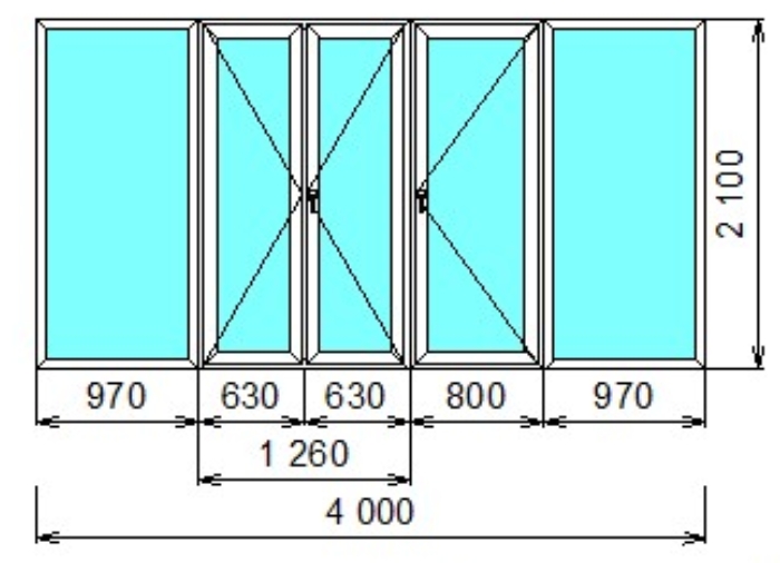 Входная группа ПВХ (4000 х 2100) 3 двери, 2 окна, 2-х камерные (остекление в пол)  +135000